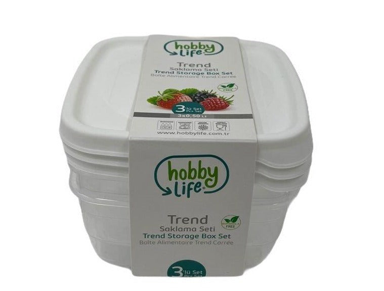 Square Trend Stackable BPA Free Multipurpose Airtight Storage Box Food Container Set of 3 0.5 Litre HB021038 24 Pcs/Ctn