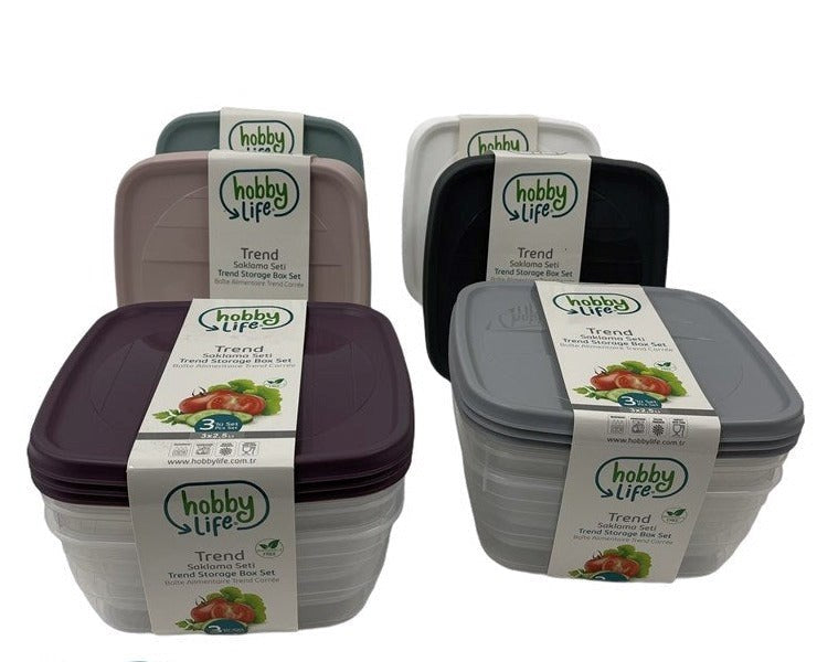 Square Trend Stackable BPA Free Multipurpose Airtight Storage Box Food Container Set of 3 2.5 Litre HB021041 24 Pcs/Ctn