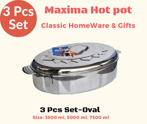 Stainless Steel Maxima Hot Pot Food Warmer Oval 3 Pcs Set Clip Handle 3500ml 5000ml 7500ml