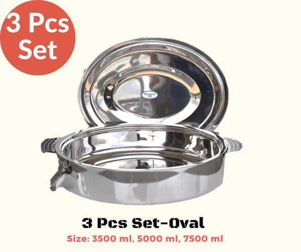 Stainless Steel Maxima Hot Pot Food Warmer Oval 3 Pcs Set Clip Handle 3500ml 5000ml 7500ml (Ctn Box 2 units)