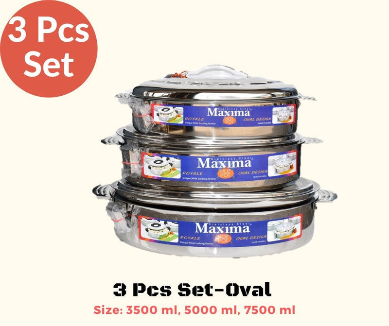 Stainless Steel Maxima Hot Pot Food Warmer Oval 3 Pcs Set Clip Handle 3500ml 5000ml 7500ml (Ctn Box 2 units)