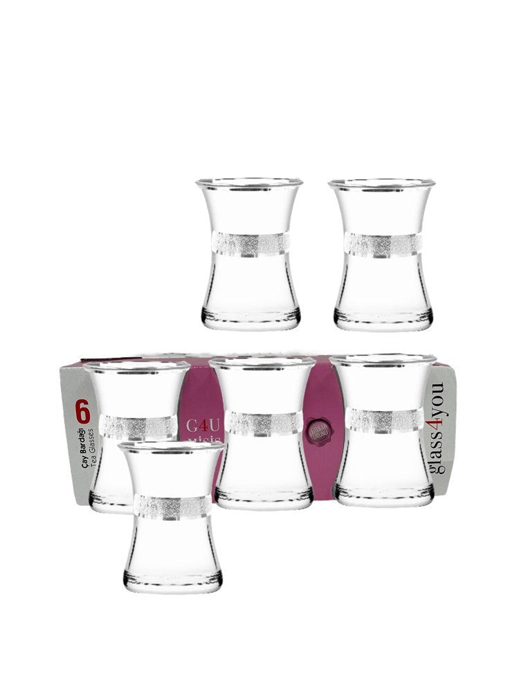 G4U Misis Glass Tea Cup Set 6PCs Silver Krinkle Platin Istikani 160 CC 160 ml