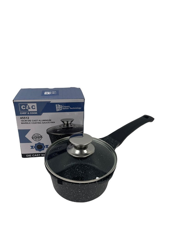 Non Stick Marble Coated Die Cast Aluminium Milk Pan Black Induction 16cm