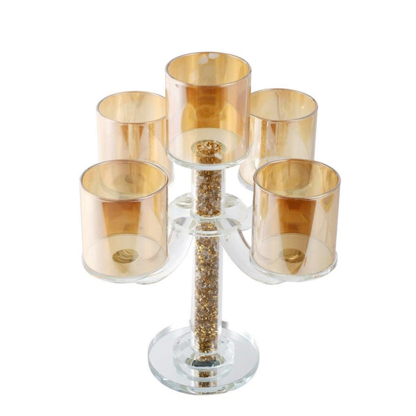 Home Decor Gold Crystal Glass Candlestick Holder 5 arms 26 cm