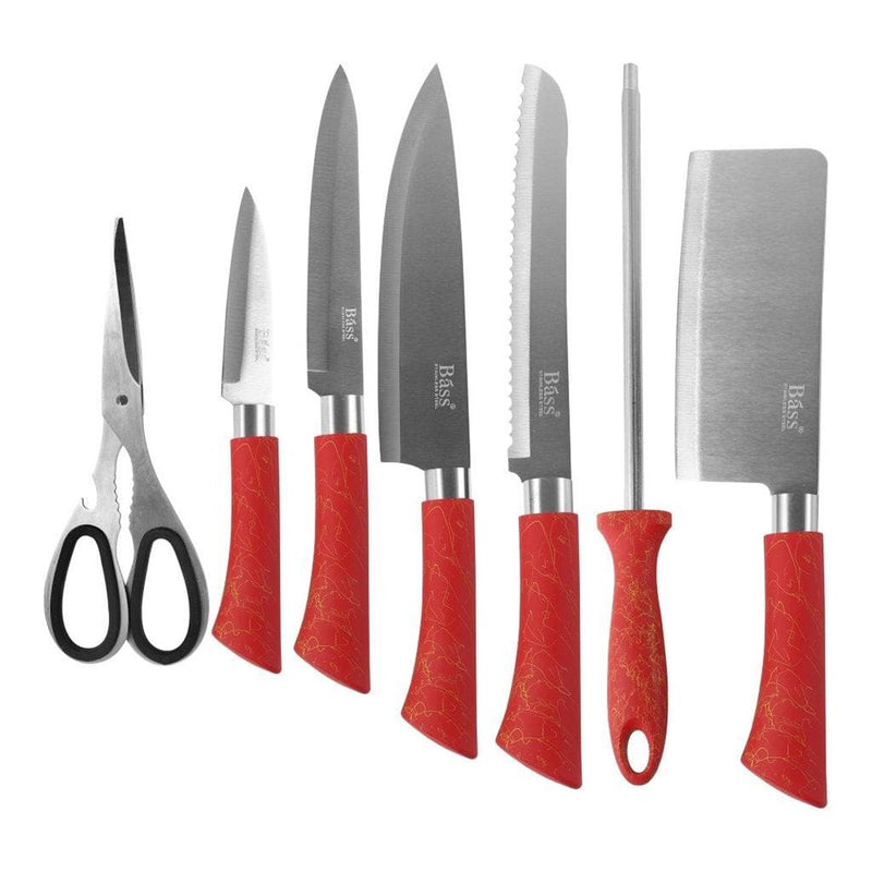 Bass Brand Premium Quality Stainless Steel Chef Kitchen Knife Set of 8 Pcs Red Handle 30 cm