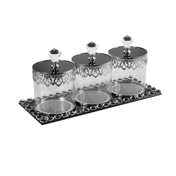 Silver Crystal Glass Candy Jar Canisters Set of 3 with Tray 10*19 cm