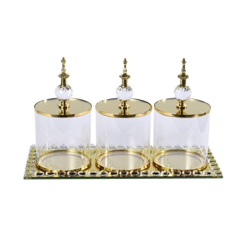 Gold Crystal Glass Candy Jar Canisters Set of 3 with Tray 10*19 cm