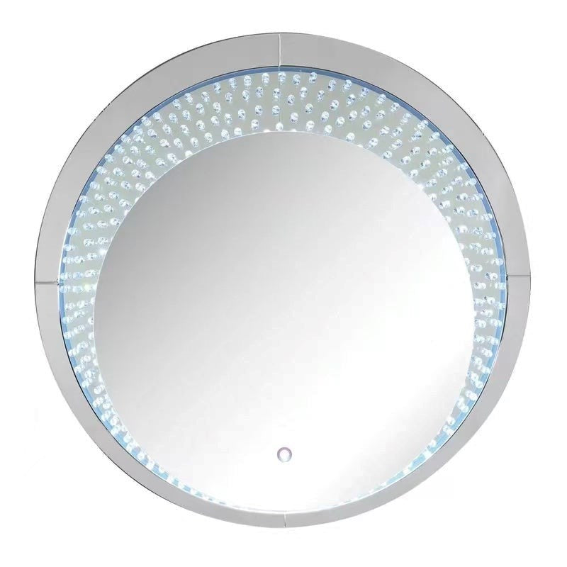 Home Decor Oval Crystal Glass Silver Mirror MDF Hallway Console Table and Mirror Set with LED Light Crushed Diamond Finish 120*38*80/90*90*2 cm