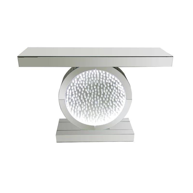 Home Decor Oval Crystal Glass Silver Mirror MDF Hallway Console Table and Mirror Set with LED Light Crushed Diamond Finish 120*38*80/90*90*2 cm