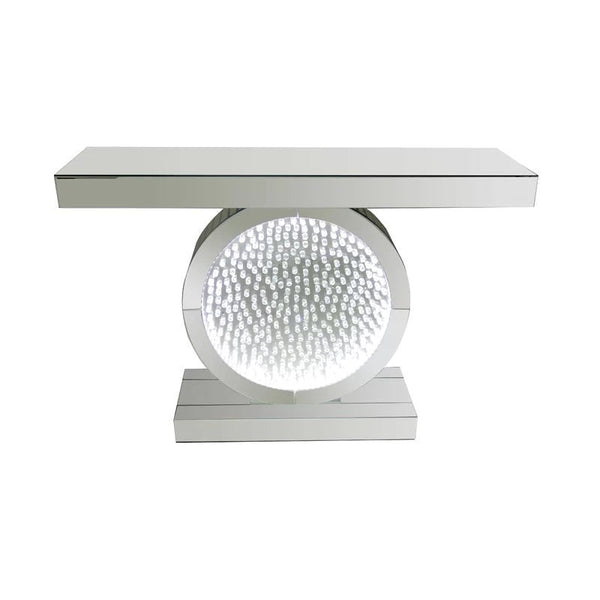 Home Decor Oval Crystal Glass Silver Mirror MDF Hallway Console Table and Mirror Set with LED Light Crushed Diamond Finish 120*38*80/90*90*2 cm