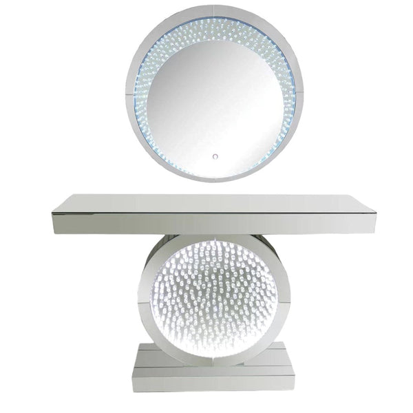 Home Decor Oval Crystal Glass Silver Mirror MDF Hallway Console Table and Mirror Set with LED Light Crushed Diamond Finish 120*38*80/90*90*2 cm