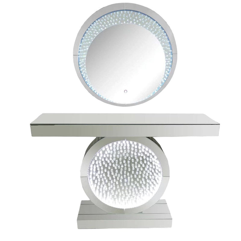 Home Decor Oval Crystal Glass Silver Mirror MDF Hallway Console Table and Mirror Set with LED Light Crushed Diamond Finish 120*38*80/90*90*2 cm