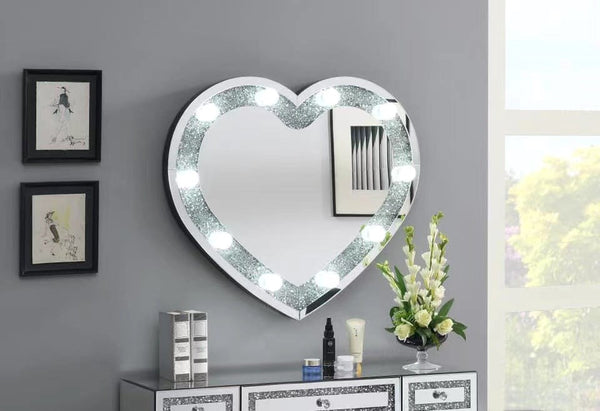 Home Decor Vanity Make Up Mirror Crystal Glass Silver Mirror MDF Hallway Console Table and Mirror Set with LED Light Crushed Diamond Finish 120*38*80/90*90*2 cm
