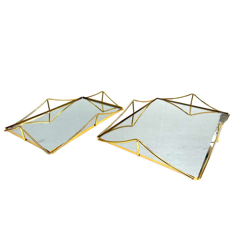 Gold Metal Glass Base Deco Rectangular Serving Tray Set of 2
