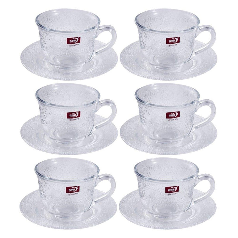 Engraved Design Clear Glass Tea Cup with Saucer Set of 6 190 ml (Ctn Box 8 units)