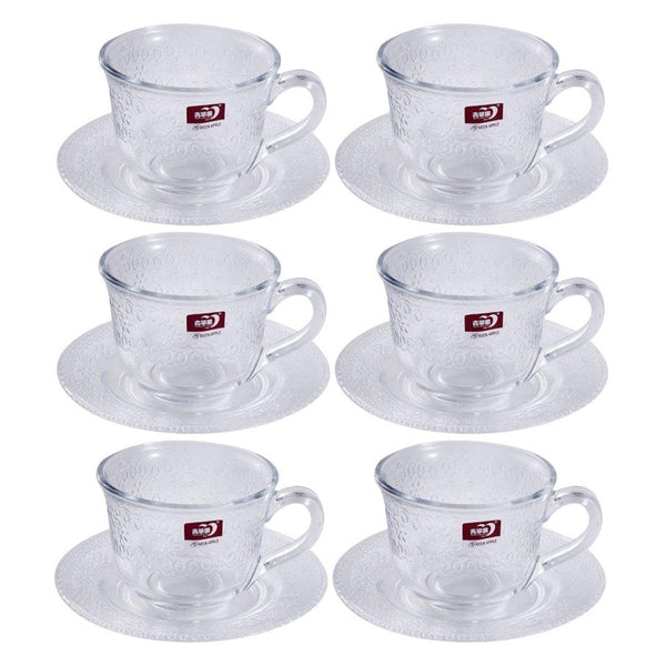 Engraved Design Clear Glass Tea Cup with Saucer Set of 6 190 ml (Ctn Box 8 units)