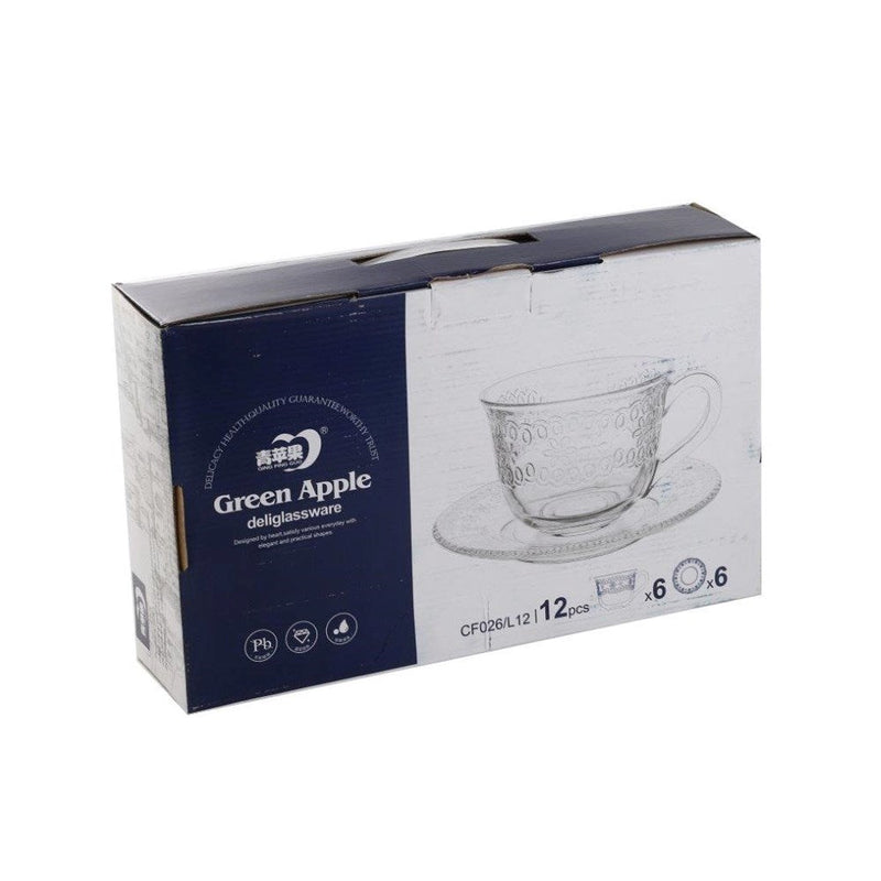 Engraved Design Clear Glass Tea Cup with Saucer Set of 6 190 ml (Ctn Box 8 units)