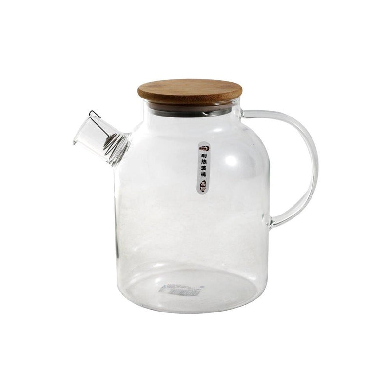Clear Glass Kettle Style Water and Beverage Jug with Timber Lid and Handle 1.8 Litre