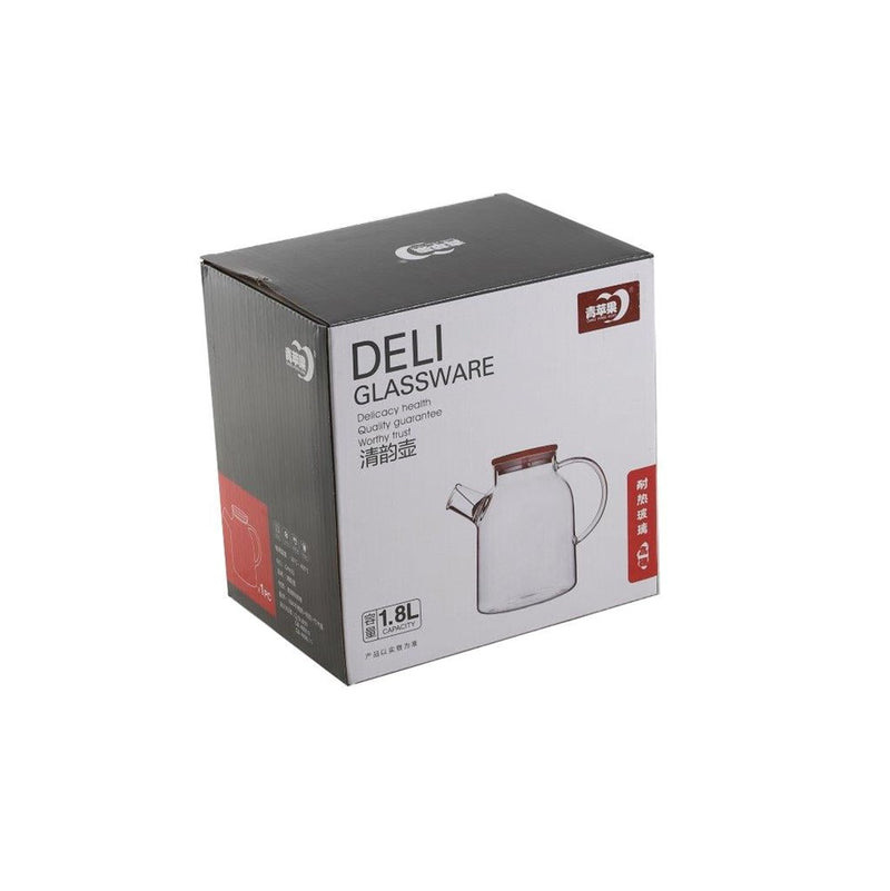 Clear Glass Kettle Style Water and Beverage Jug with Timber Lid and Handle 1.8 Litre
