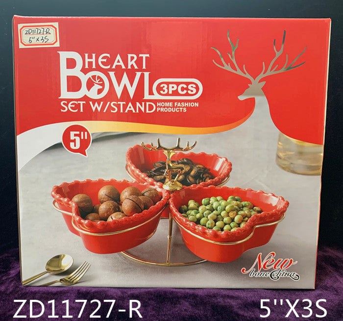 Red Ceramic Serving Dipping Heart Shape Snacks Fruits and Nuts Bowl 3 Pcs with Stand 13 cm