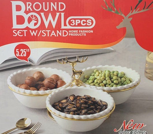 White Ceramic Serving Dipping Round Snacks Fruits and Nuts Bowl 3 Pcs with Stand 13 cm