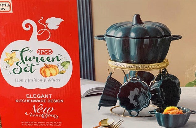 Dark Green Ceramic Soup Tureen Casserole Dish Bowl Set of 9 Pcs with Stand