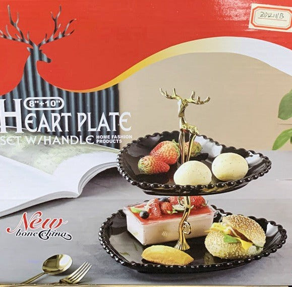 Bone China Black Ceramic Two Tier Cake Stand Fruit Platter 20/25 cm