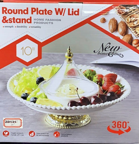 White Ceramic Cake Stand Fruit Platter with Lid 25 cm