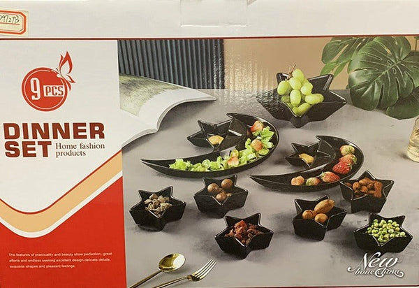 Black Ceramic Serving Moon Star Shape Plate with Dips and Nut Bowl Set of 9 Pcs