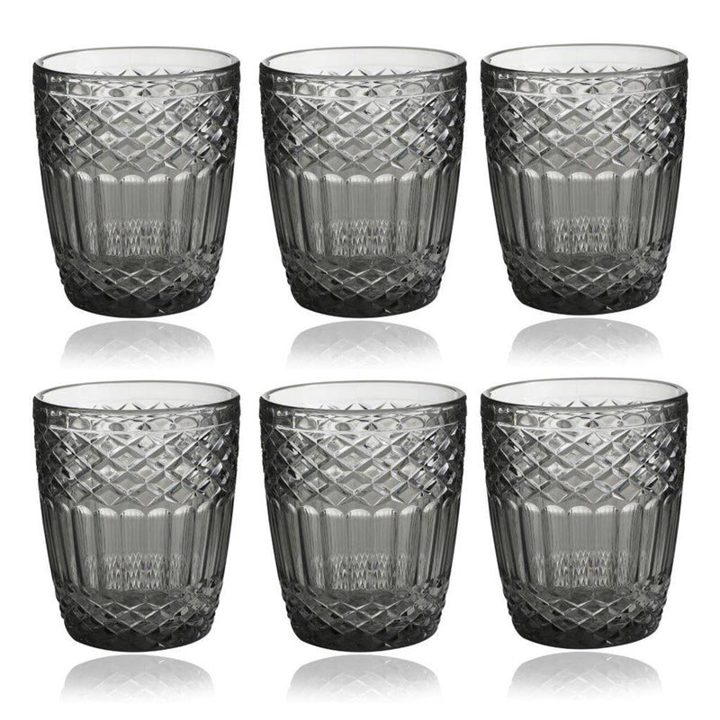 Engraved Pattern Grey Jewel Goblets Glass Drinking Tumblers Set of 6 Pcs 360 ml