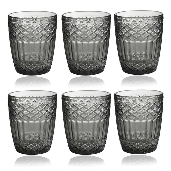 Engraved Pattern Grey Jewel Goblets Glass Drinking Tumblers Set of 6 Pcs 360 ml