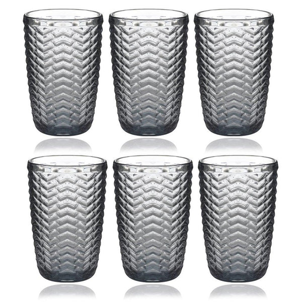 Engraved Pattern Grey Chevron Goblets Glass Drinking Tumblers Set of 6 Pcs 350 ml