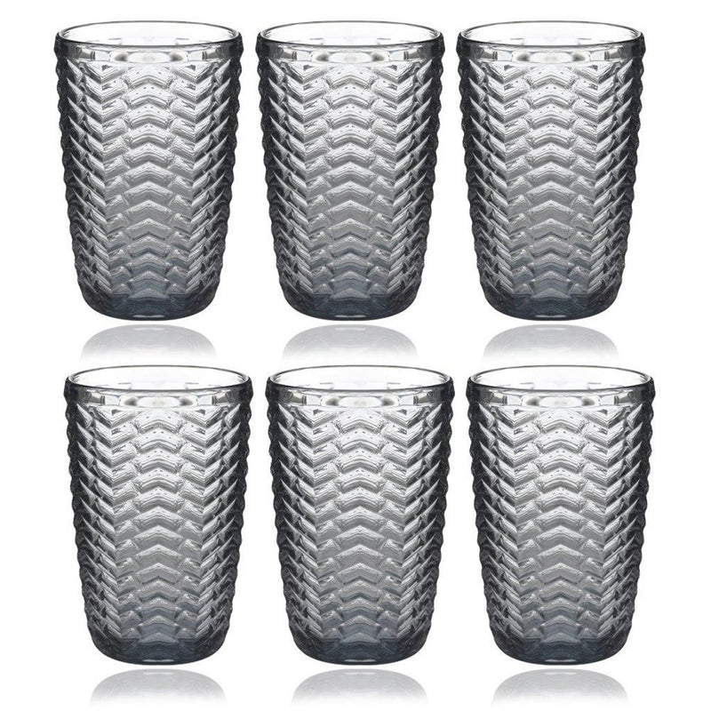 Engraved Pattern Grey Chevron Goblets Glass Drinking Tumblers Set of 6 Pcs 350 ml