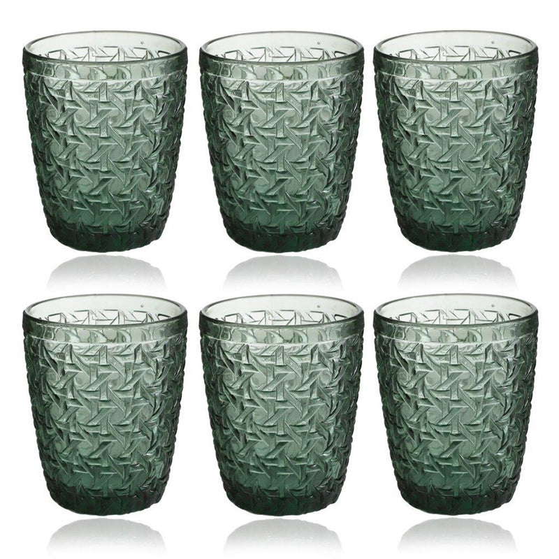 Engraved Pattern Forest Green Goblets Glass Drinking Tumblers Set of 6 Pcs 350 ml
