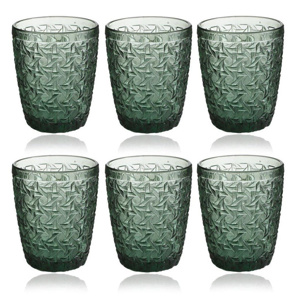 Engraved Pattern Forest Green Goblets Glass Drinking Tumblers Set of 6 Pcs 350 ml