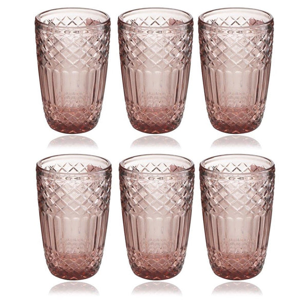 Engraved Pattern Pink Rose Jewel Goblets Glass Drinking Tumblers Set of 6 Pcs 350 ml