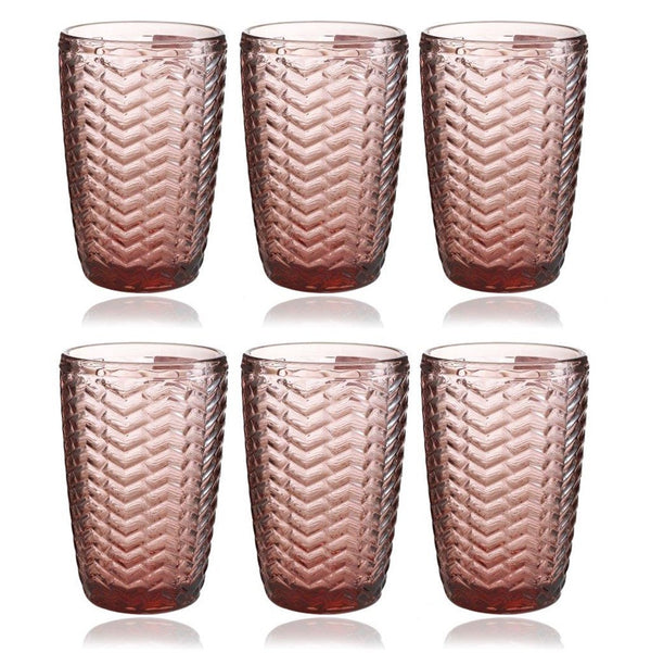 Engraved Pattern Pink Rose Chevron Goblets Glass Drinking Tumblers Set of 6 Pcs 300 ml