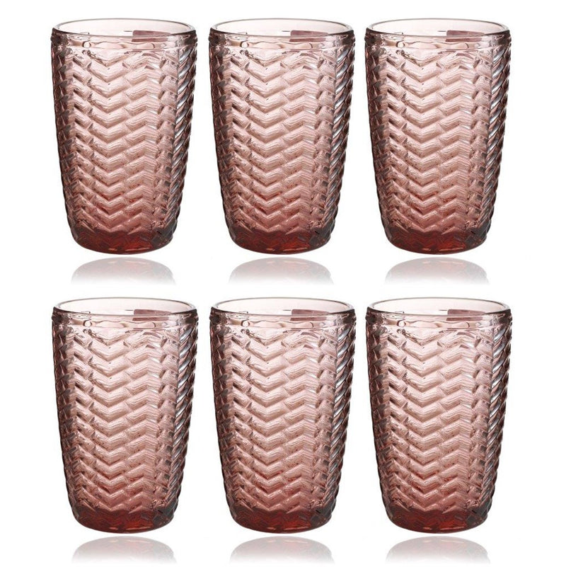 Engraved Pattern Pink Rose Chevron Goblets Glass Drinking Tumblers Set of 6 Pcs 300 ml