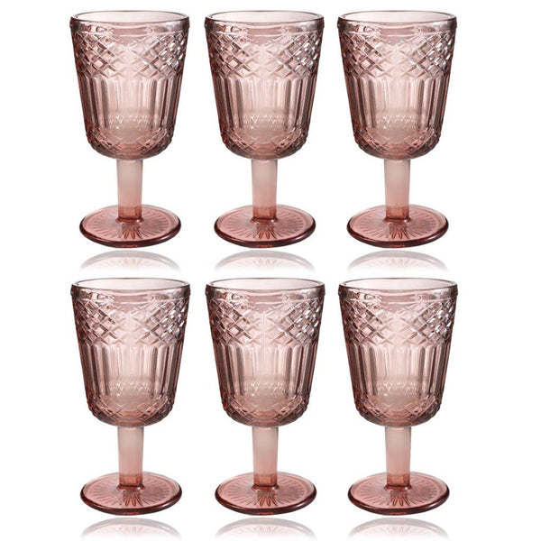 Multipurpose Vintage Retro Pink Rose Footed Glass Tumblers Set of 6 Pcs 300 ml