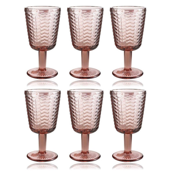 Multipurpose Engraved Chevron Pink Rose Footed Glass Tumblers Set of 6 Pcs 300 ml