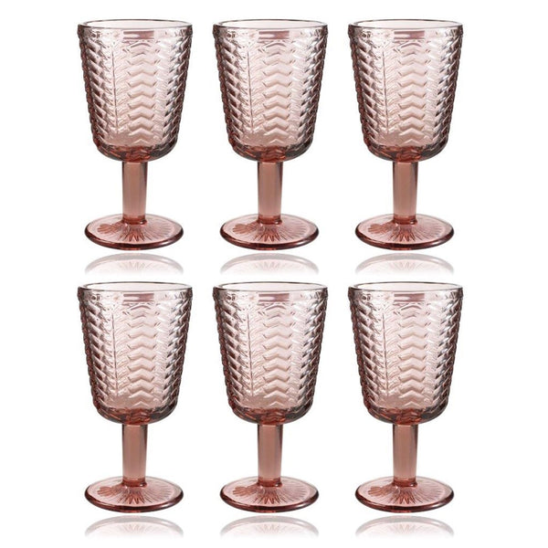 Multipurpose Engraved Chevron Pink Rose Footed Glass Tmblers Set of 6 Pcs