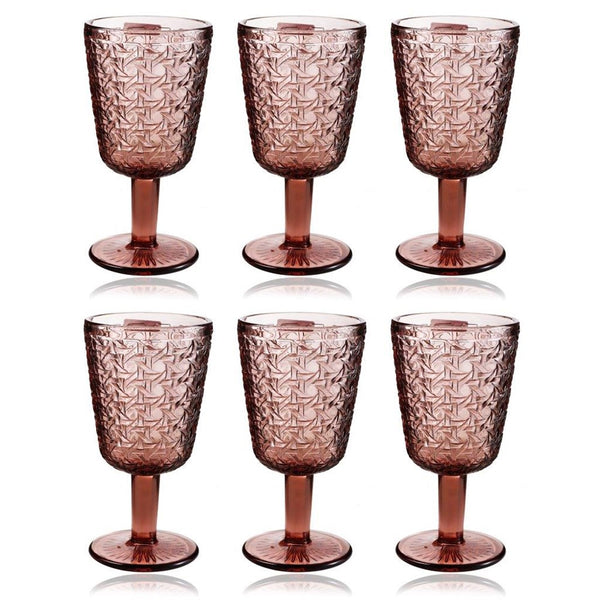 Multipurpose Engraved Chevron Pink Rose Footed Glass Tumblers Set of 6 Pcs 350 ml