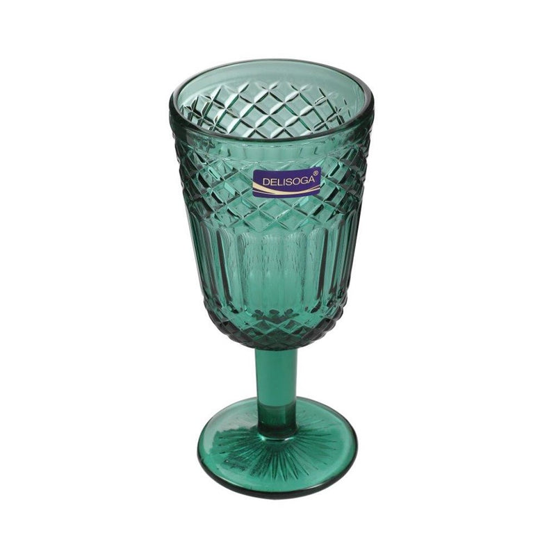 Engraved Pattern Forest Green Goblets Glass Drinking Footed Tumblers Set of 6 Pcs 300 ml