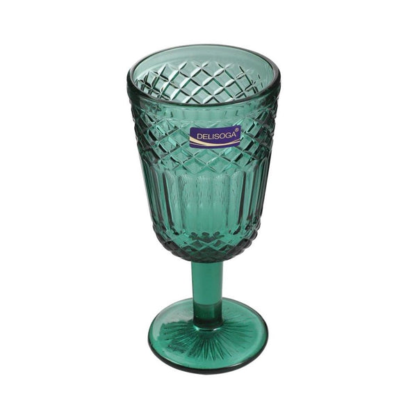 Engraved Pattern Forest Green Goblets Glass Drinking Footed Tumblers Set of 6 Pcs 300 ml