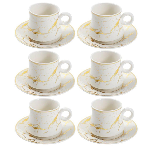 Ceramic Tea and Coffee Cup and Saucer Set of 6 pcs Vanilla Marble Design 100 ml (Ctn Box 24 units)