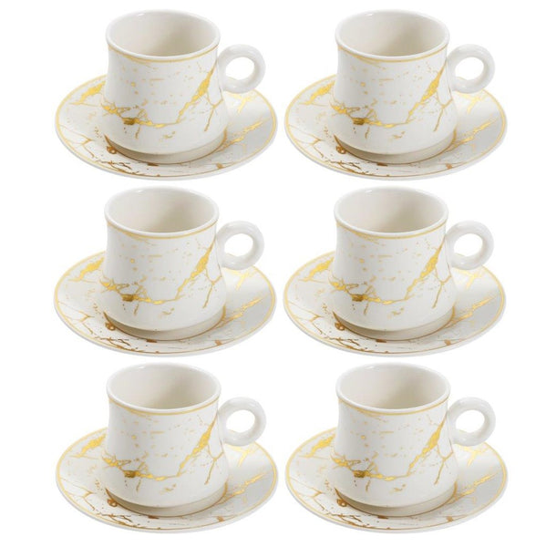 Ceramic Tea and Coffee Cup and Saucer Set of 6 pcs Vanilla Marble Design 100 ml (Ctn Box 24 units)