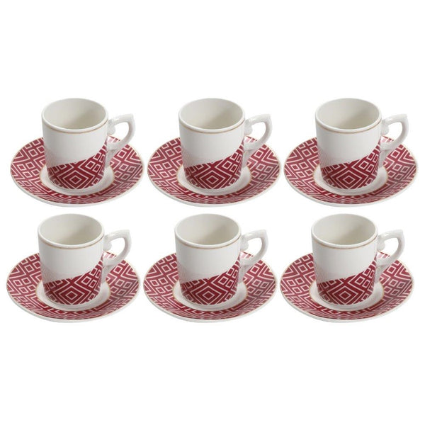 Ceramic Coffee Cup and Saucer Set White and Red 6 Pcs Abstract Print Design Set 100 ml