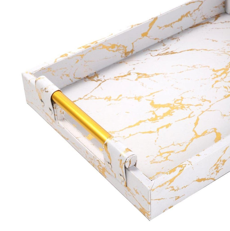 Deco White Gold Marble Pattern Rectangle Serving Tray Set of 2 Pcs Metal Handles 41.5*30*5.5/48.5*35*5.5 cm