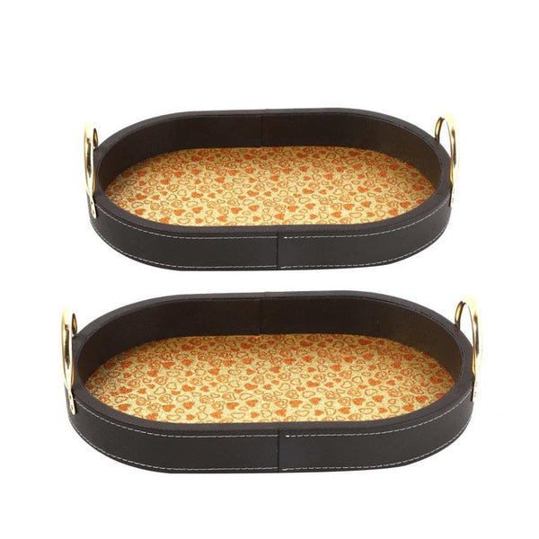 Deco Leather Oval Serving Tray Set of 2 Pcs Metal Handles 34.5*22/39*26.5 cm