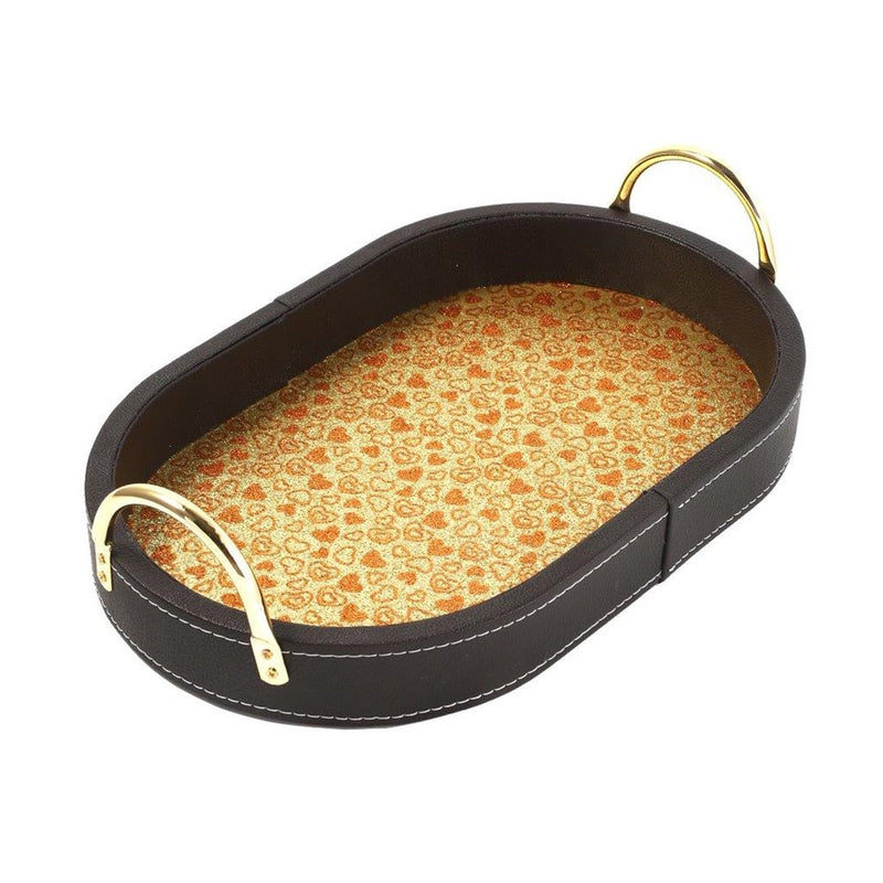 Deco Leather Oval Serving Tray Set of 2 Pcs Metal Handles 34.5*22/39*26.5 cm
